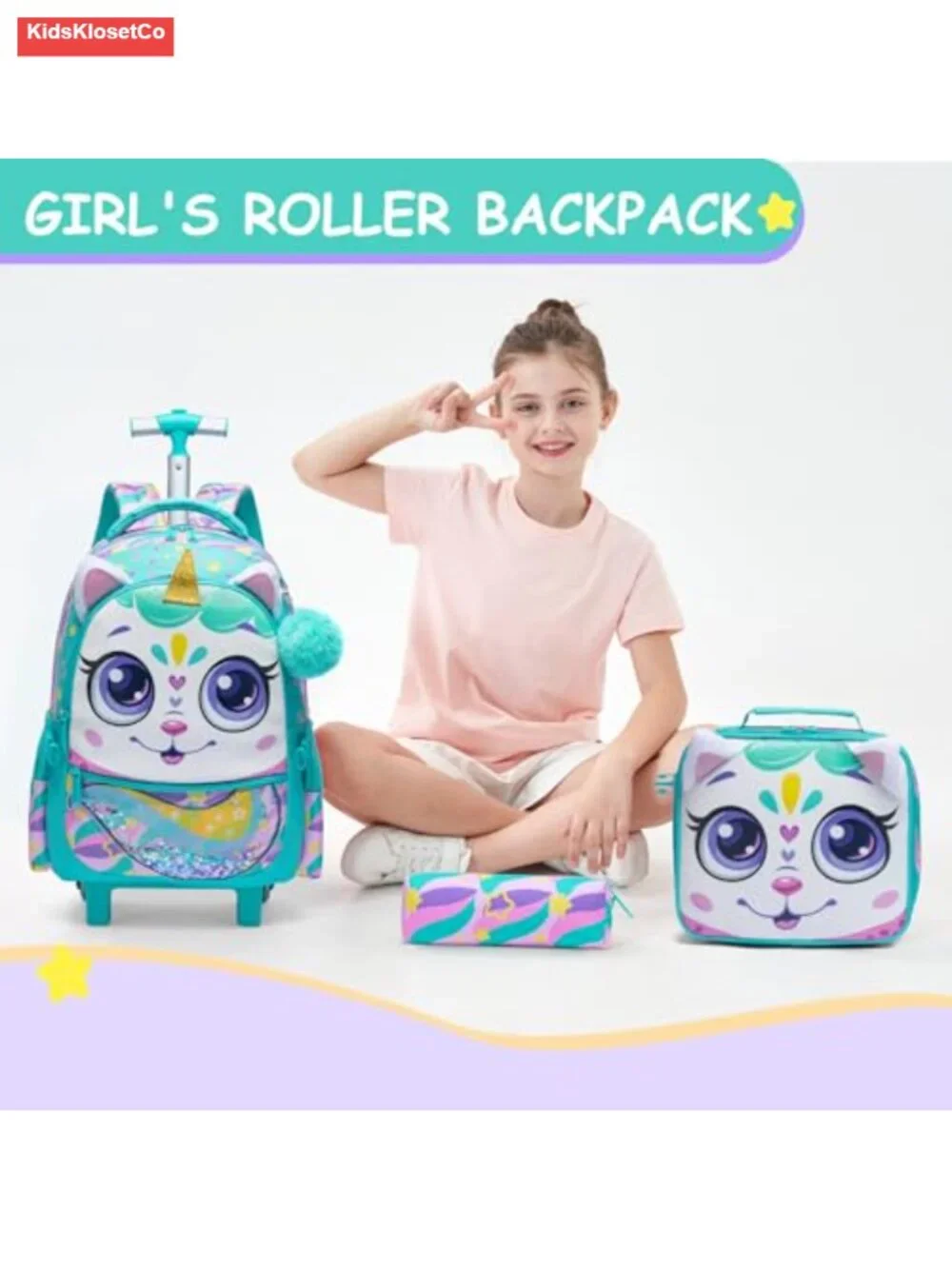 Kids Rolling Backpack with Wheels 3-Piece Set Trolley Luggage for Girls School